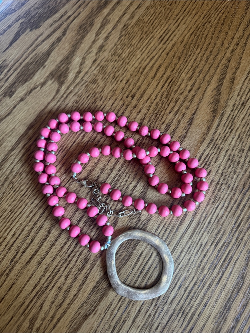Pink Beaded Necklace with Gold-Tone Circle Pendant